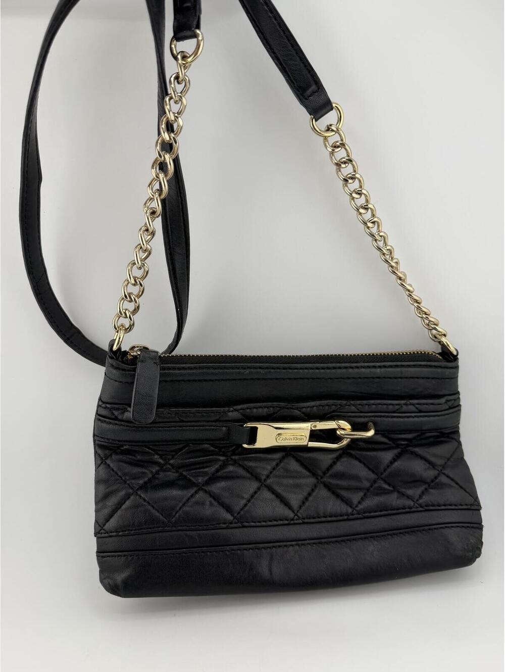 Calvin Klein‎ Quilted Black Leather Crossbody Bag Gold Hardware - Picture 6 of 10